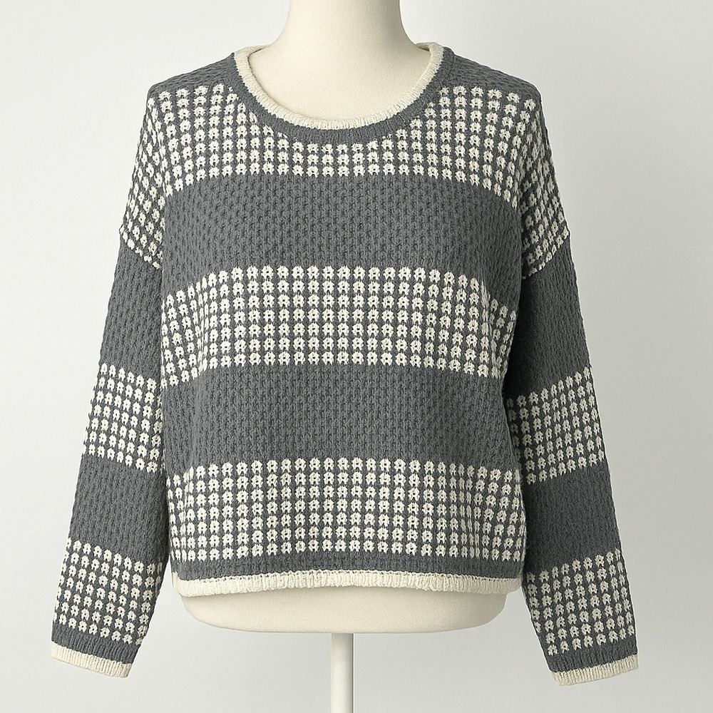 SHEIN‎ Textured Waffle Knit Sweater Size Large Gray White Striped Pullover